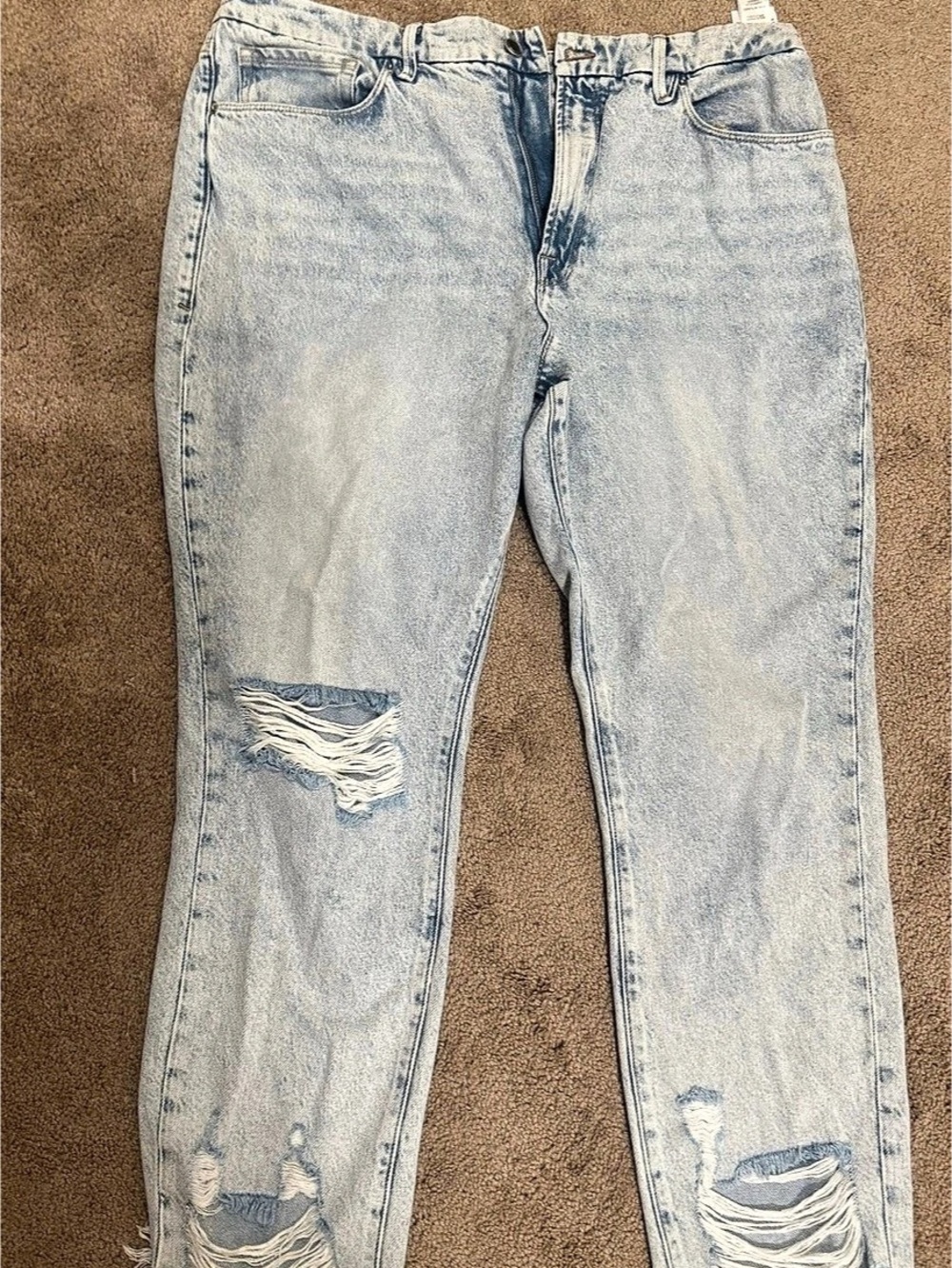 Good American Distressed Straight Leg Jeans in Blue Waist 15